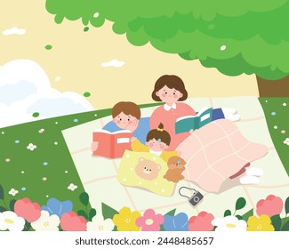 family reading a book under a tree 