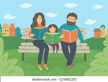 Family Reading Books On The Bench Outdoors. Mother, Father And Baby Girl Spending Time Together. Vector Illustration.