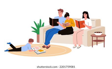 Family Reading Books Together. Mother, Father And Children Sitting With Books. Readers. Cozy Family Evening At Home. Flat Vector Illustration.