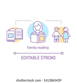 Family reading concept icon. Time together idea thin line illustration. Reading bedtime stories for children. Fairy tales. Vector isolated outline drawing. Editable stroke