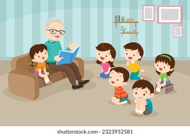 Familie liest Märchen für Kinder, liest und erzählt Märchengeschichten aus Büchern.Kinder hören Papa Mama Großeltern auf dem Sofa Buch lesen