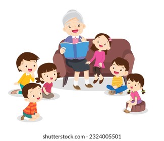 Family reading fairy tales to children, reading and telling book fairy tale story.children listen dad mom grandparents reading book on sofa