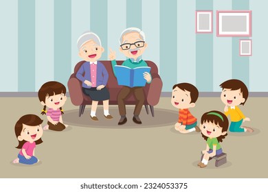 Family reading fairy tales to children, reading and telling book fairy tale story.children listen dad mom grandparents reading book on sofa