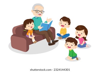 Family reading fairy tales to children, reading and telling book fairy tale story.children listen dad mom grandparents reading book on sofa