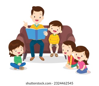 Family reading fairy tales to children, reading and telling book fairy tale story.children listen dad mom grandparents reading book on sofa