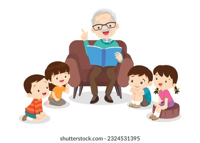 Family reading fairy tales to children, reading and telling book fairy tale story.children listen dad mom grandparents reading book on sofa