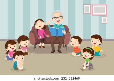 Family reading fairy tales to children, reading and telling book fairy tale story.children listen dad mom grandparents reading book on sofa