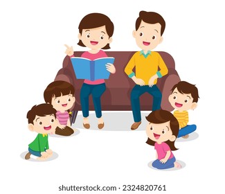 Family reading fairy tales to children, reading and telling book fairy tale story.children listen dad mom grandparents reading book on sofa