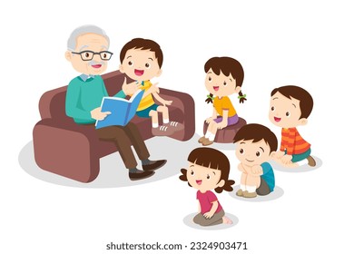Family reading fairy tales to children, reading and telling book fairy tale story.children listen dad mom grandparents reading book on sofa
