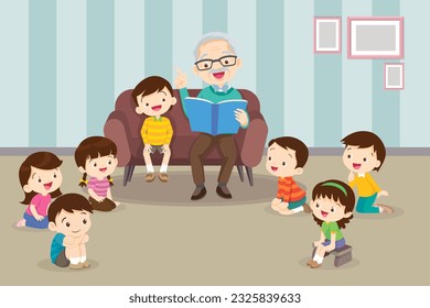 Family reading fairy tales to children, reading and telling book fairy tale story.children listen dad mom grandparents reading book on sofa