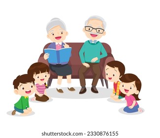 Family reading fairy tales to children, reading and telling book fairy tale story.children listen dad mom grandparents reading book on sofa