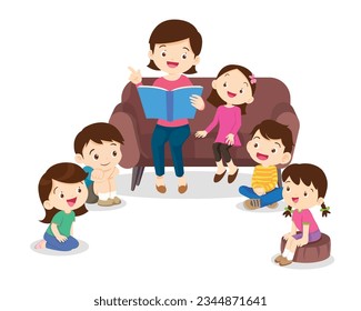 Family reading fairy tales to children, reading and telling book fairy tale story.children listen dad mom grandparents reading book on sofa