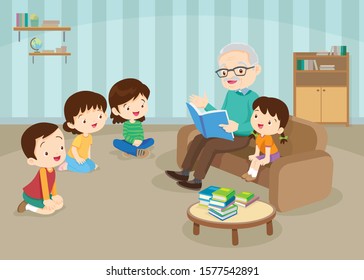 Family reading fairy tales to his grandchildren, reading and telling book fairy tale story.children listen dad mom grandparents reading book on sofa