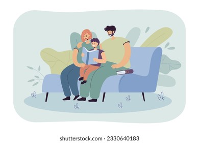 Family reading fairy tales together vector illustration. Parents teaching son to read, cuddling on couch with book and having fun together at home. Family reunion, quality time, education concept