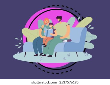 Family reading fairy tales together vector illustration. Parents teaching son to read, cuddling on couch with book and having fun together at home. Family reunion, quality time, education concept