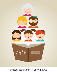 family reading hagada book  (in Hebrew) at passover  holiday, illustration with place for your text