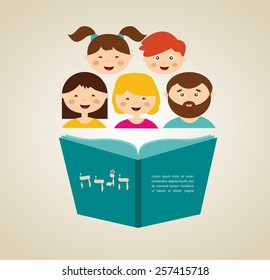 family reading hagada  book (in Hebrew) at passover  holiday, illustration with place for your text