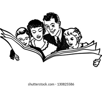 Family Reading Newspaper - Retro Clip Art Illustration