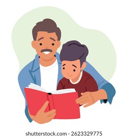 Family reading together portrait. Happy father and son holding story book and hugging cartoon scene. Child education and development, parenting and home activity peaceful time vector illustration