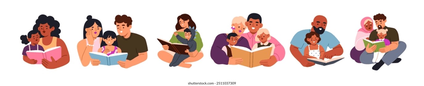 Conjunto de lectura familiar. Padres, niños pequeños con libros de cuentos. Madres, padres e hijos aprendiendo juntos. Educación infantil por mamá, papá. Ilustración vectorial plana aislada sobre fondo blanco