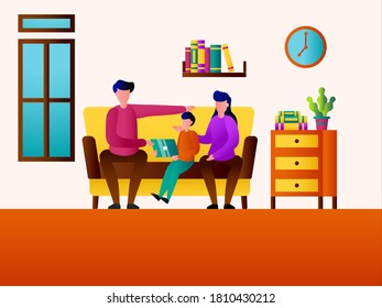 Family reading vector concept: Parents and little son reading book together while sitting on the sofa