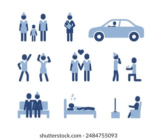 Family in real daily moments of life pictograms. Parents and children, couple, wife and husband icons. Family car trip.