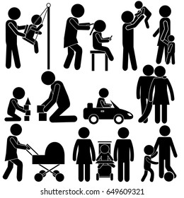 Family in Real Daily Moments of Life. Mother & Daughter, Father & Son, Parents & Children. Stick Figure Pictogram Icon