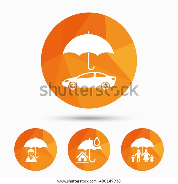Family, Real estate or Home icons. Life and\
umbrella symbols. Car protection sign. Triangular low poly buttons\
with shadow. Vector