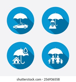 Family, Real Estate Or Home Insurance Icons. Life Insurance And Umbrella Symbols. Car Protection Sign. Circle Concept Web Buttons. Vector