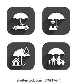 Family, Real estate or Home insurance icons. Life insurance and umbrella symbols. Car protection sign. Square flat buttons with long shadow.