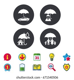 Family, Real estate or Home insurance icons. Life insurance and umbrella symbols. Car protection sign. Calendar, Information and Download signs. Stars, Award and Book icons. Vector