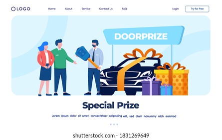 Family receive a gift door prize a car flat vector illustration. Perfect for landing page 