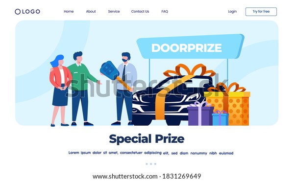 Family receive a gift door prize a car\
flat vector illustration. Perfect for landing page\
