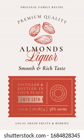 Family Recipe Almonds Liquor Acohol Label. Abstract Vector Packaging Design Layout. Modern Typography Banner With Hand Drawn Nuts Silhouette Logo And Background. Isolated.