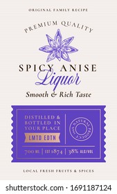 Family Recipe Anise Spice Liquor Acohol Label. Abstract Vector Packaging Design Layout. Modern Typography Banner with Hand Drawn Anise Star Seeds Silhouette Logo and Background. Isolated.