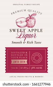 Family Recipe Apple Liquor Acohol Label. Abstract Vector Packaging Design Layout. Modern Typography Banner with Hand Drawn Apples with a Slice Silhouette Logo and Background. Isolated.