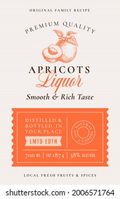 Family Recipe Apricot Liquor Acohol Label. Abstract Vector Packaging Design Layout. Modern Typography Banner with Hand Drawn Fruit Silhouette Logo and Background. Isolated.