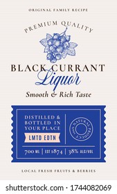 Family Recipe Black Currant Liquor Acohol Label. Abstract Vector Packaging Design Layout. Modern Typography Banner with Hand Drawn Berries Silhouette Logo and Background. Isolated.