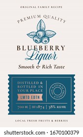 Family Recipe Blueberry Liquor Acohol Label. Abstract Vector Packaging Design Layout. Modern Typography Banner With Hand Drawn Blueberry Silhouette Logo And Background. Isolated.