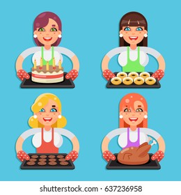 Family recipe cake donut cookies fried chicken turkey housewife with baking cook homemade food characters set flat design vector illustration