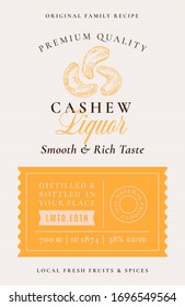 Family Recipe Cashew Nuts Liquor Acohol Label. Abstract Vector Packaging Design Layout. Modern Typography Banner with Hand Drawn Cashew with Leaf Silhouette Logo and Background. Isolated.