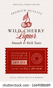 Family Recipe Cherry Liquor Acohol Label. Abstract Vector Packaging Design Layout. Modern Typography Banner With Hand Drawn Cherries Silhouette Logo And Background. Isolated.