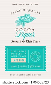 Family Recipe Cocoa Beans Liquor Acohol Label. Abstract Vector Packaging Design Layout. Modern Typography Banner with Hand Drawn Cocoa with Leaf Silhouette Logo and Background. Isolated.