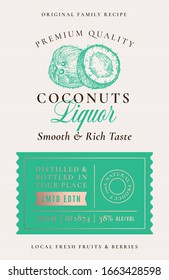 Family Recipe Coconut Liquor Acohol Label. Abstract Vector Packaging Design Layout. Modern Typography Banner with Hand Drawn Coconuts Silhouette Logo and Background. Isolated.