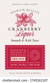 Family Recipe Cranberry Liquor Acohol Label. Abstract Vector Packaging Design Layout. Modern Typography Banner with Hand Drawn Berries Silhouette Logo and Background. Isolated.