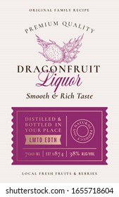 Family Recipe Dragon Fruit Liquor Acohol Label. Abstract Vector Packaging Design Layout. Modern Typography Banner with Hand Drawn Pitaya Silhouette Logo and Background. Isolated.