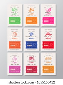 Family Recipe Exotic Fruits, Berries and Spices Liquor Alcohol Labels Collection. Abstract Vector Packaging Design Layouts Set. Modern Typography Banners with Hand Drawn Logo and Background. Isolated.