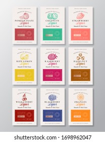 Family Recipe Fruit, Berries and Nuts Liquor Acohol Labels Collection. Abstract Vector Packaging Design Layouts Set. Modern Typography Banners with Hand Drawn Logo and Background. Isolated.