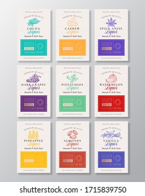 Family Recipe Fruit, Berries, Nuts and Spices Liquor Acohol Labels Collection. Abstract Vector Packaging Design Layouts Set. Modern Typography Banners with Hand Drawn Logo and Background. Isolated.