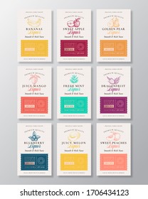 Family Recipe Fruit, Berries and Spices Liquor Acohol Labels Collection. Abstract Vector Packaging Design Layouts Set. Modern Typography Banners with Hand Drawn Logo and Background. Isolated.